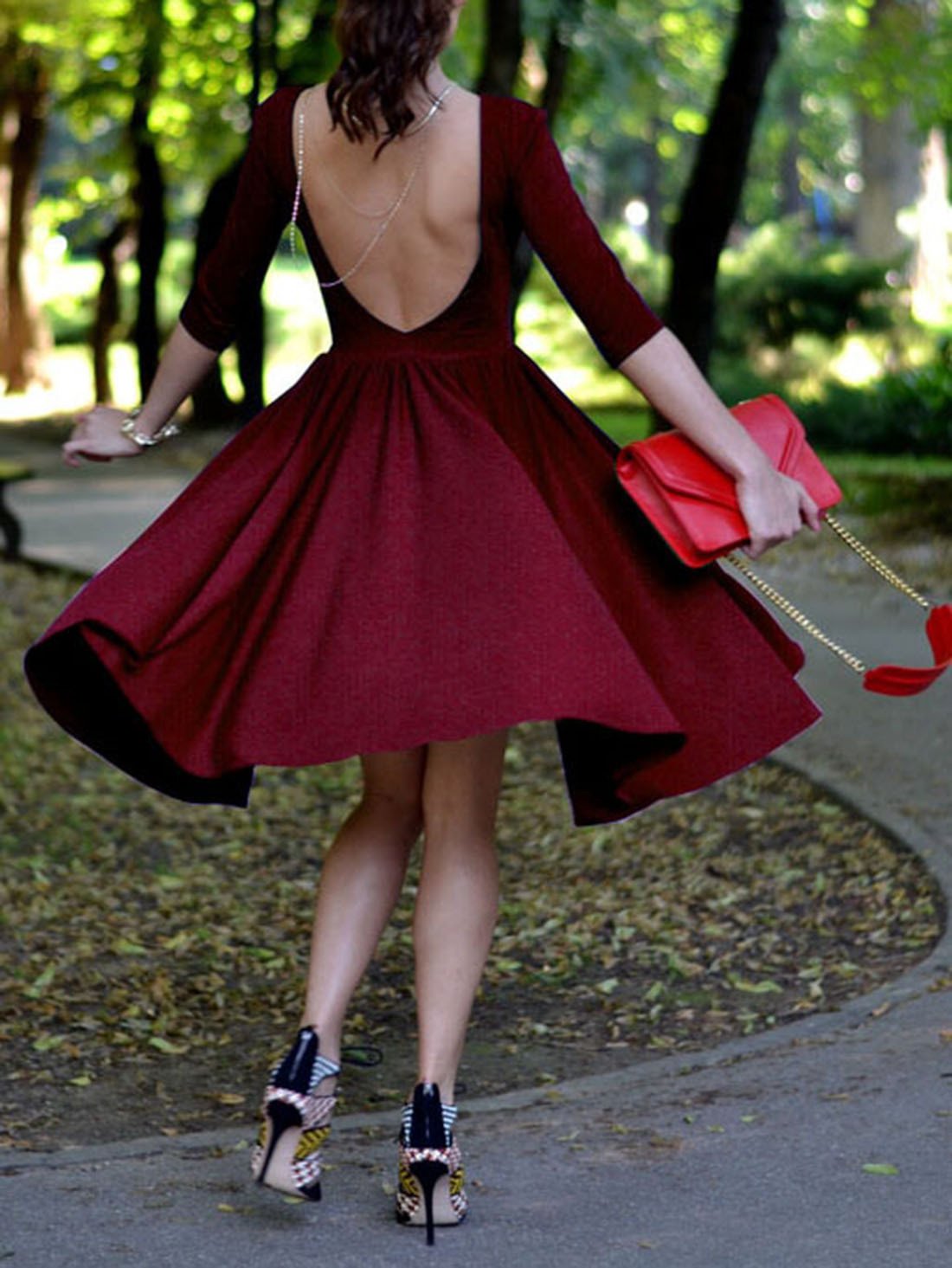 Backless Striped 3/4 Sleeves Knee-length Dress
