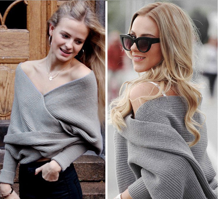 Ribbed Knit Strapless V-neck Off Shoulder Sweater - Meet Yours Fashion - 1