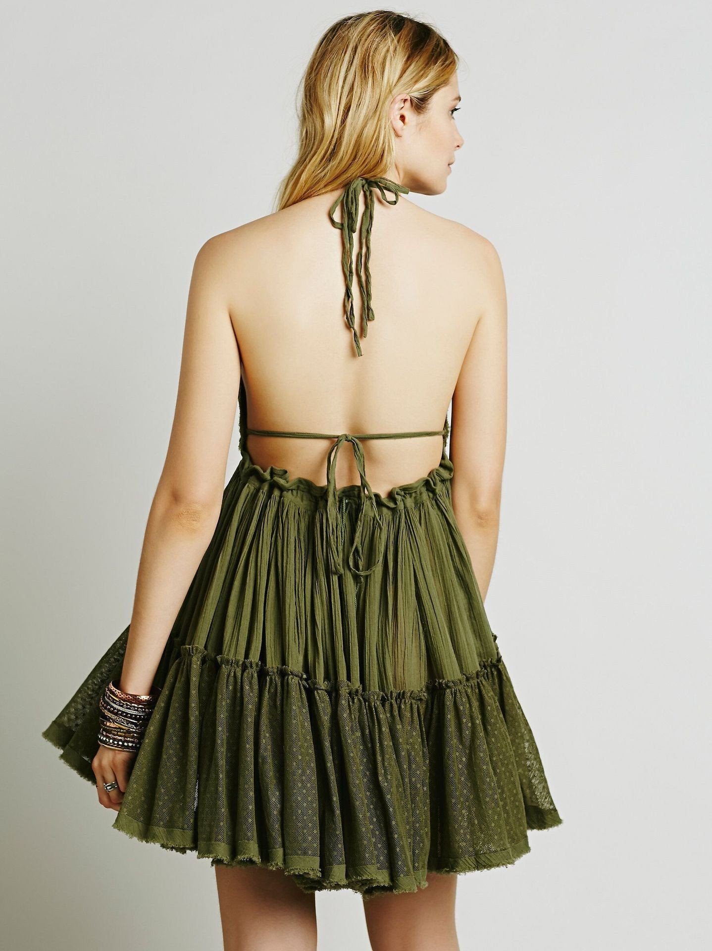 Pure Color Backless Deep V-neck Sexy Short Dress