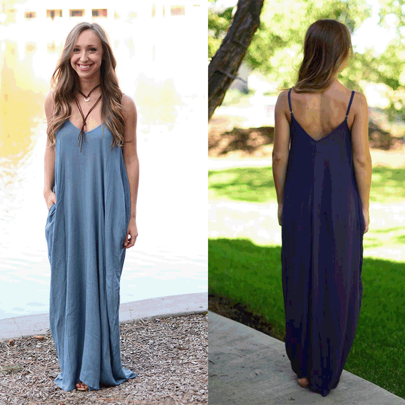 Spaghetti Strap V-neck Pleated Floor-length Long Cotton Loose Dress