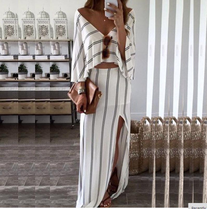 Deep V-neck Striped Loose Top with Split Irregular Skirt Two Pieces Dress