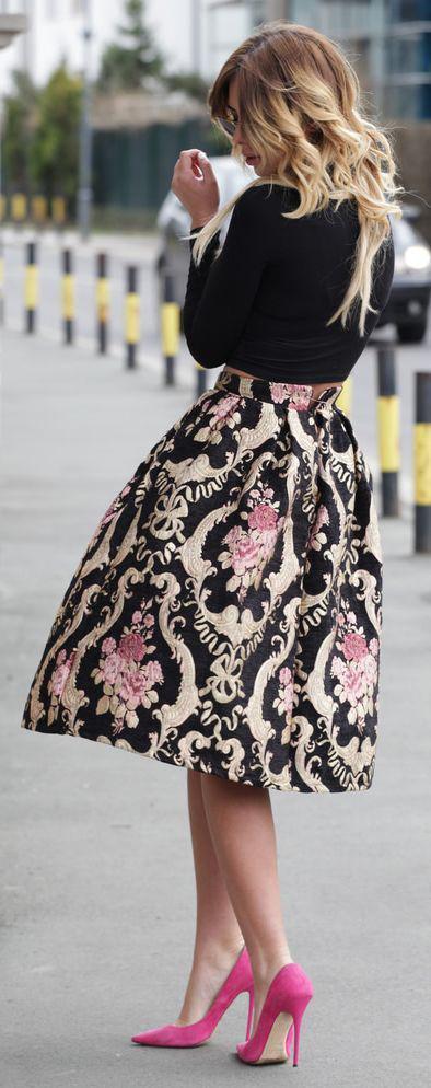 Free Shipping Clearence Retro Style Floral Print High Waist Pleated Flared Skirt