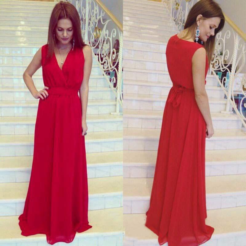 V-neck Sleeveless Lace Up Pleated Solid Long Dress