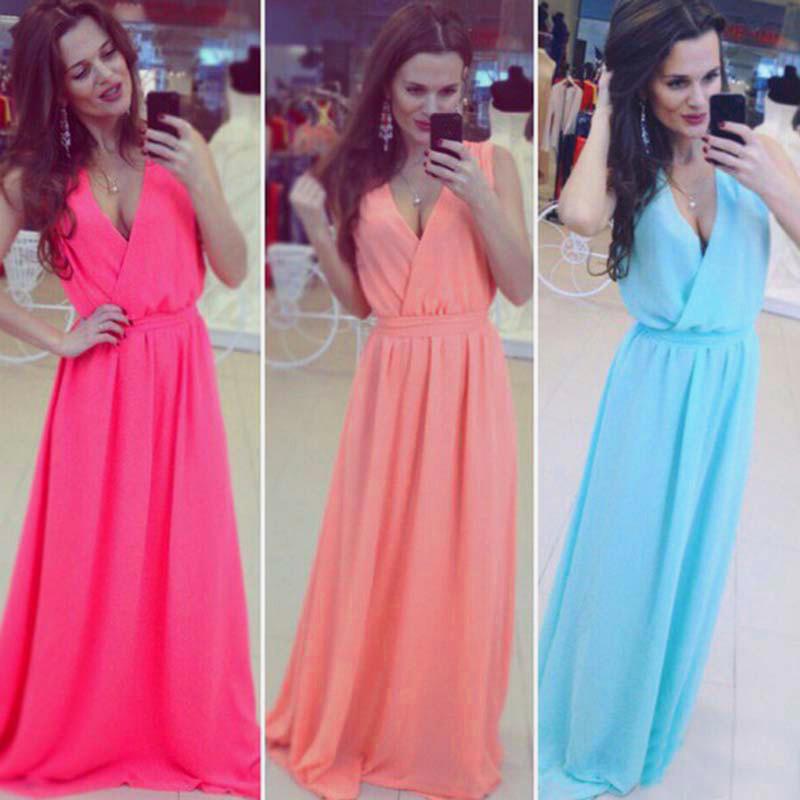 V-neck Sleeveless Lace Up Pleated Solid Long Dress