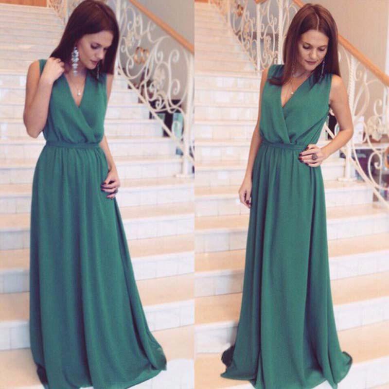 V-neck Sleeveless Lace Up Pleated Solid Long Dress