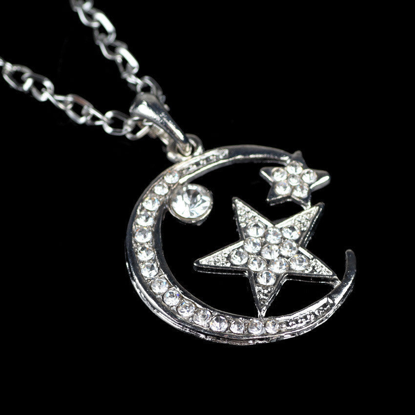 UPSCALE FASHION INLAID CRYSTAL MOON AND STARS PENDANT NECKLACE