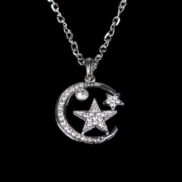 UPSCALE FASHION INLAID CRYSTAL MOON AND STARS PENDANT NECKLACE