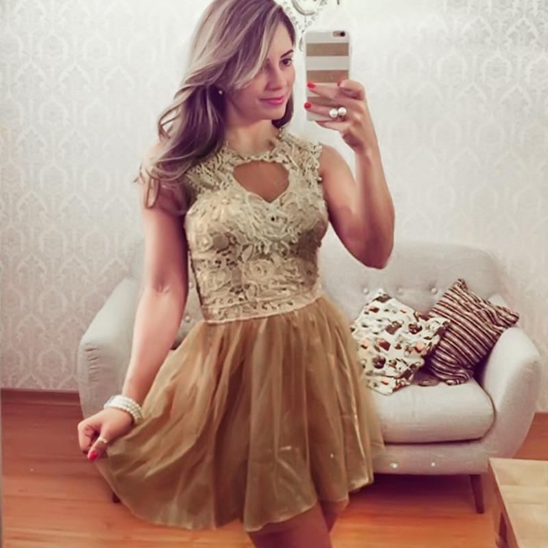 Sleeveless Scoop Golden Laces Patchwork Dress