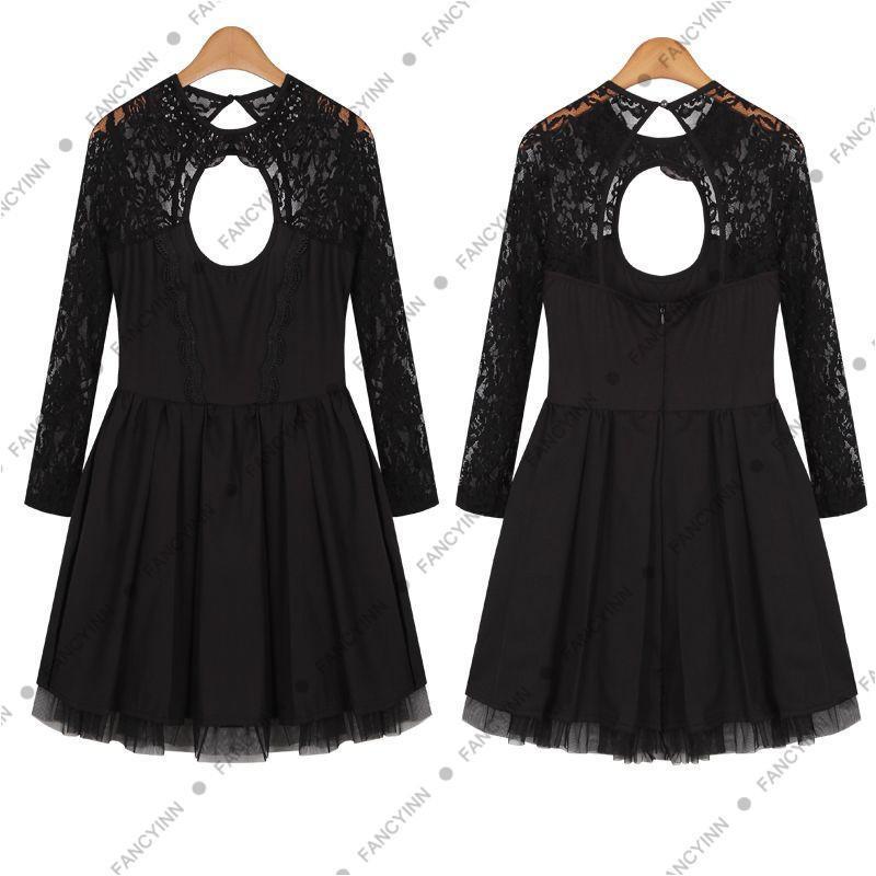 Lace Backless Long-Sleeved Short Dress