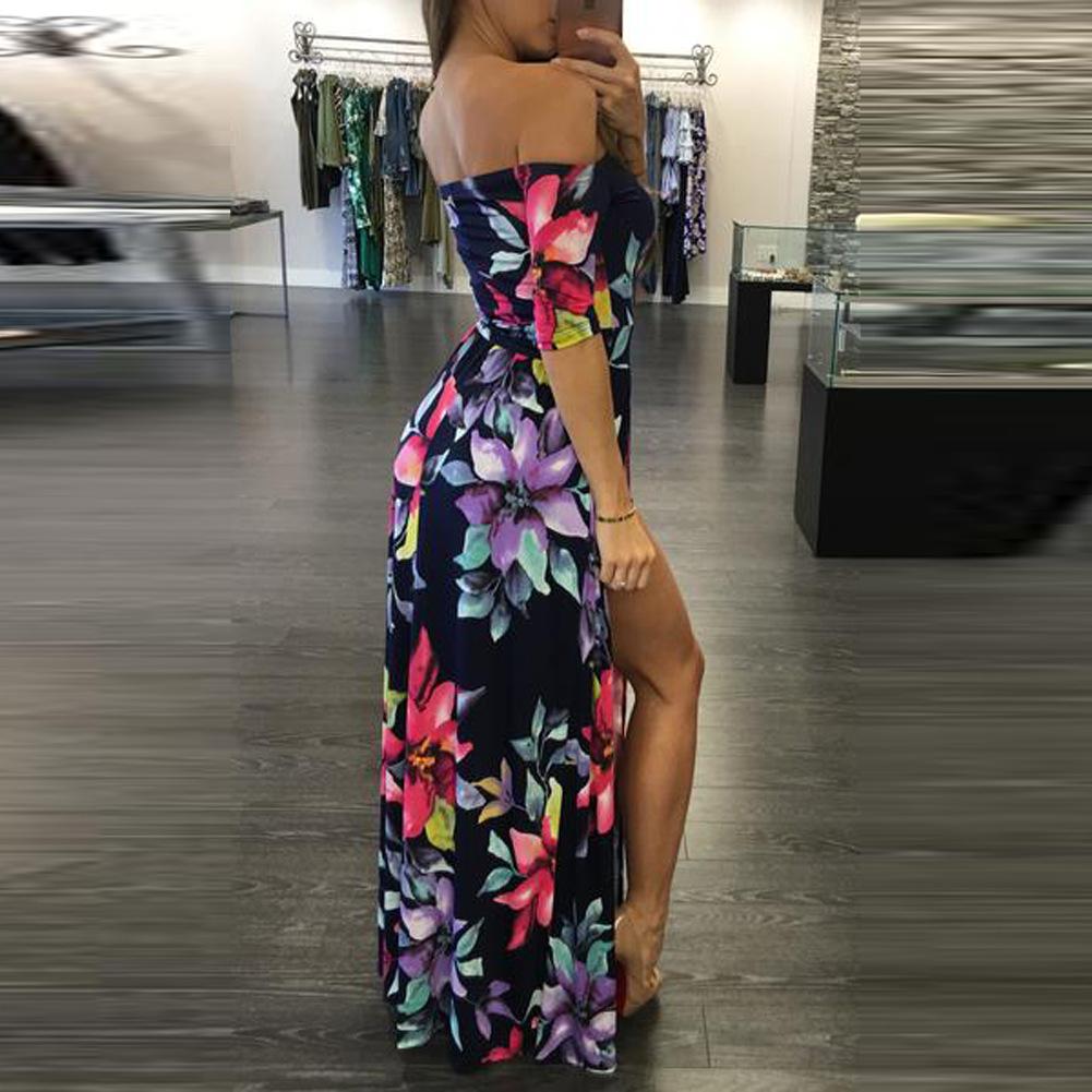 Off Shoudler Short Sleeves Floral Print Long Split Dress