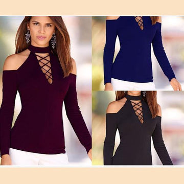 Bear Shoulder High Neck Straps Hollow Out T-shirt