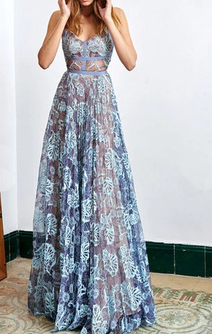 Sexy Spaghetti Strap Mesh Print Long Dress