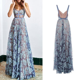 Sexy Spaghetti Strap Mesh Print Long Dress