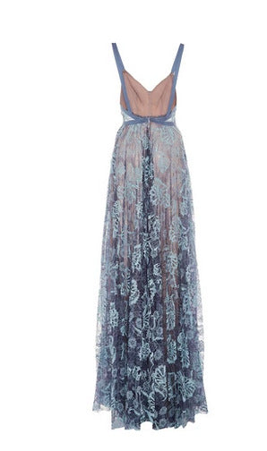 Sexy Spaghetti Strap Mesh Print Long Dress