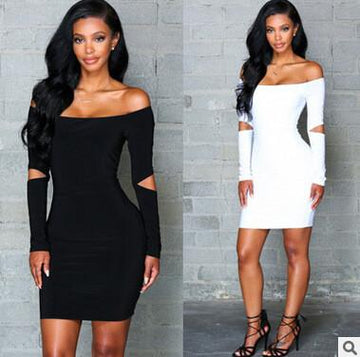 Pure Color Off Shoulder Hollow Sleeve Short Bodycon Dress