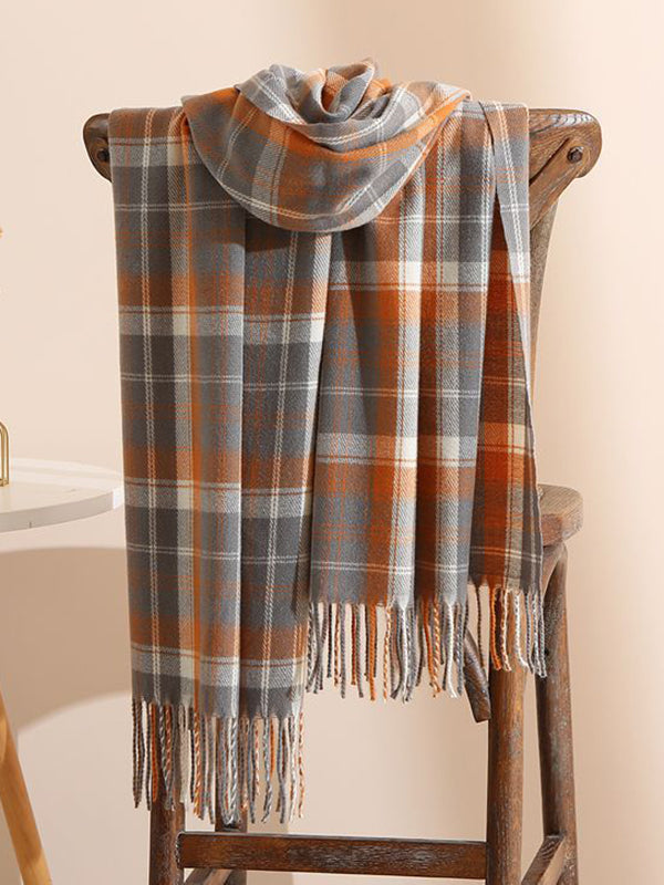 ORIGINAL CREATION CONTRAST COLOR PLAID TASSELED SHAWL&SCARF
