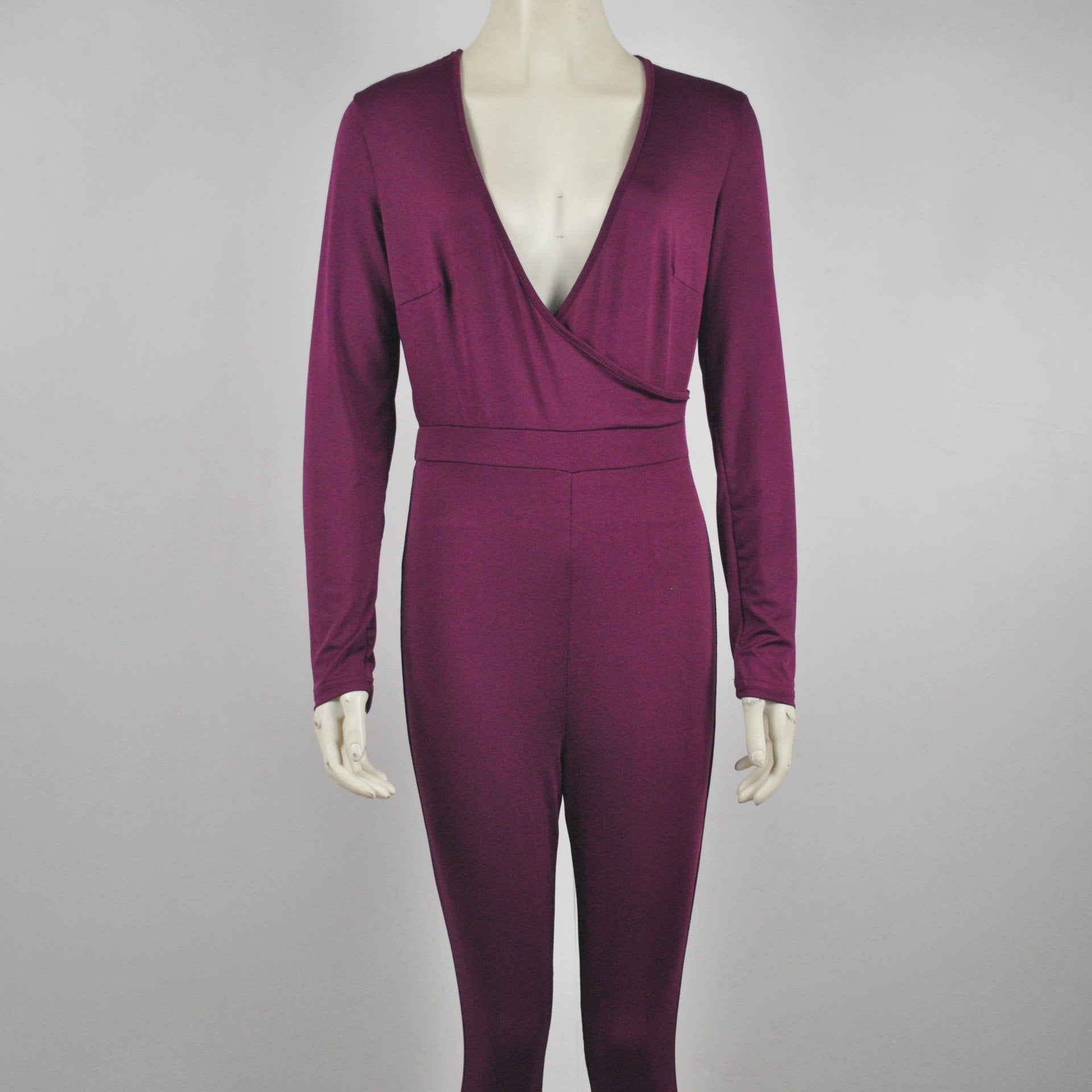Long Sleeve Deep V-neck Pure Color Slim Long Jumpsuit