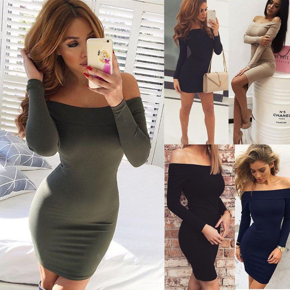 Sexy Off Shoulder Short Pure Color Long Sleeve Bodycon Dress