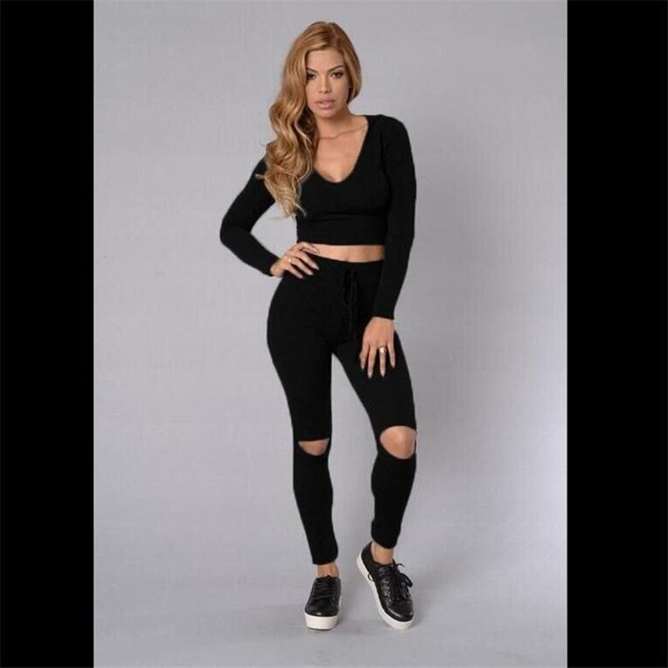 Pure Color Hole Hat Crop Top with Skinny Pants Two Pieces Set