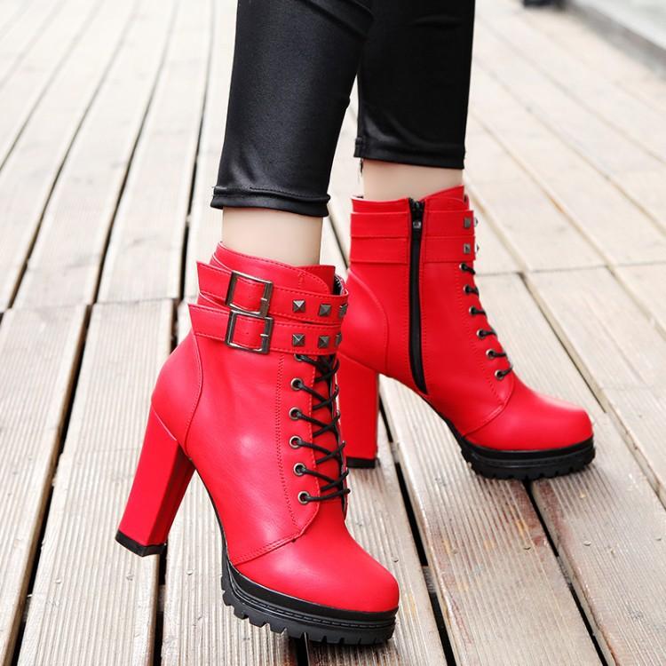 Lace Up Hasp Straps Platform High Chunky Heel Short Martin British Boots