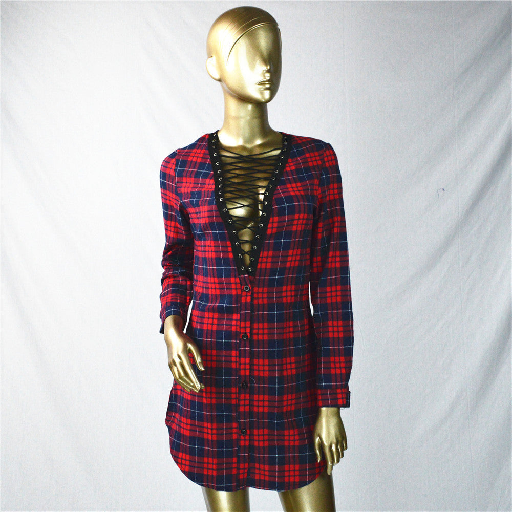 Sexy Lace Up Plaid Shirt Long Sleeve Short Bodycon Dress