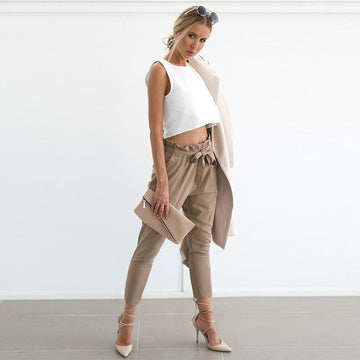 Solid Color Straps Belt 9/10 Skinny Casual Pants