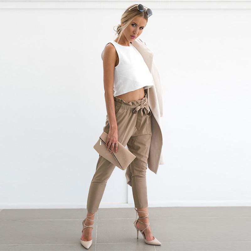 Solid Color Straps Belt 9/10 Skinny Casual Pants