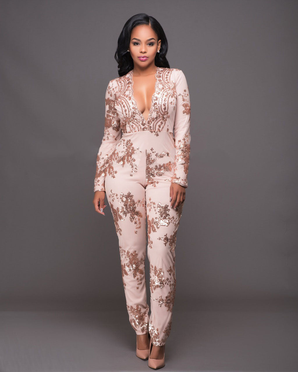 Sequins Deep V-neck Long Sleeve High Waist Long Jumpsuit