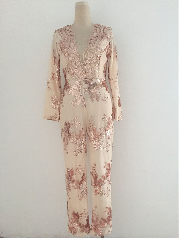 Sequins Deep V-neck Long Sleeve High Waist Long Jumpsuit