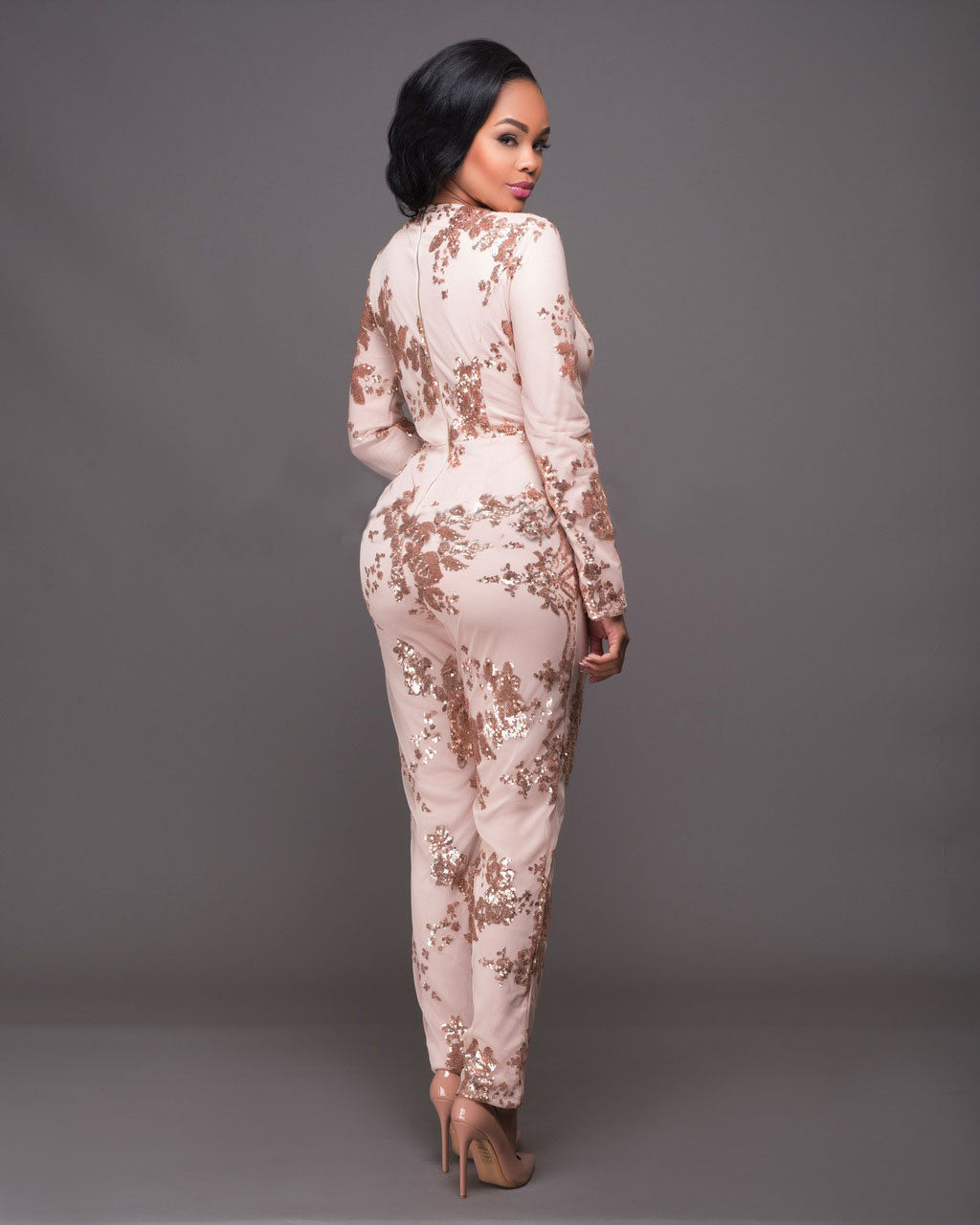 Sequins Deep V-neck Long Sleeve High Waist Long Jumpsuit