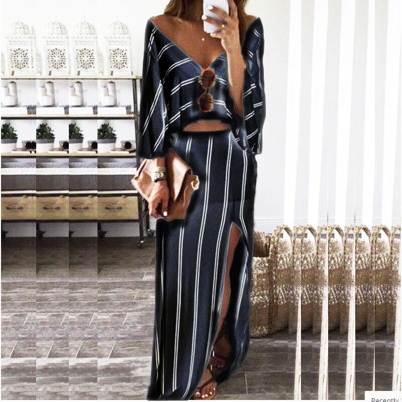 Deep V-neck Striped Loose Top with Split Irregular Skirt Two Pieces Dress