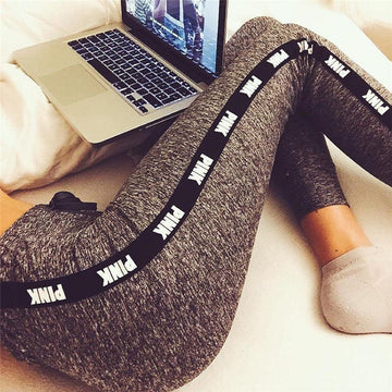 GRAY LETTER PRINT ELASTIC WAIST SLIM LEGGINGS