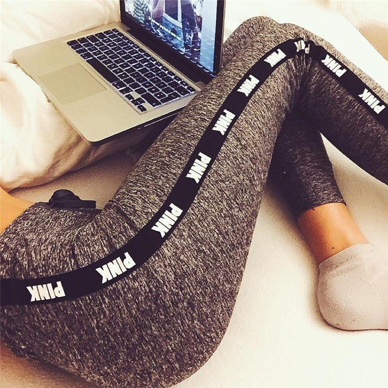 GRAY LETTER PRINT ELASTIC WAIST SLIM LEGGINGS