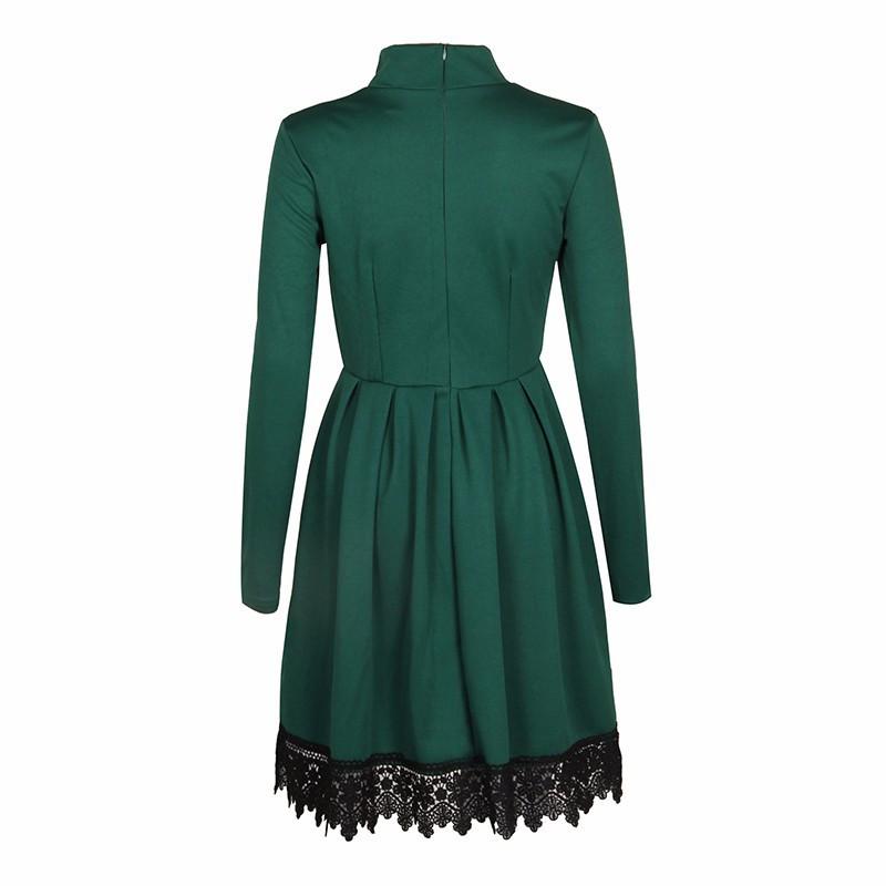Scoop Long Sleeves Lace Patchwork Flared Pleated Knee-length Dress