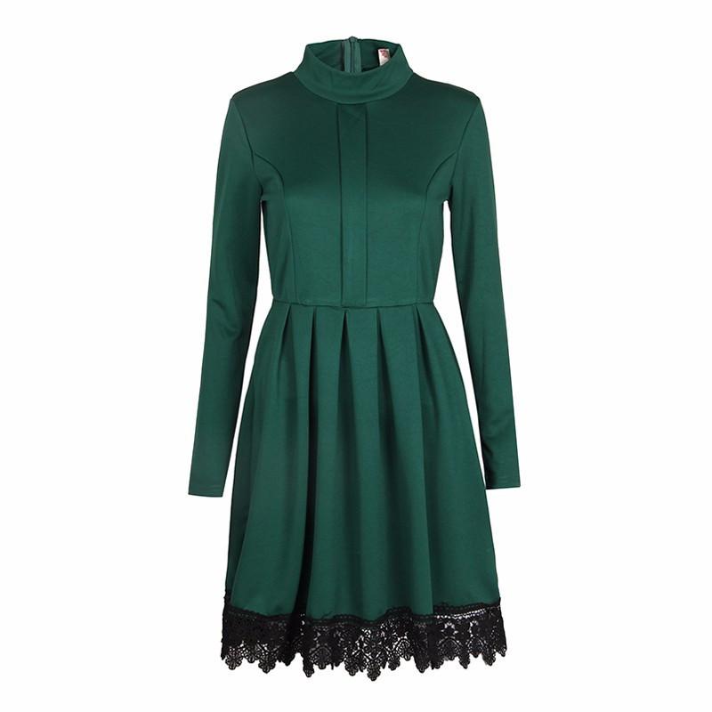 Scoop Long Sleeves Lace Patchwork Flared Pleated Knee-length Dress