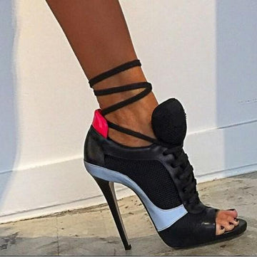Free Shipping Clearence Patchwork Color Block Open Toe Lace Up Stiletto High Heels Sandals