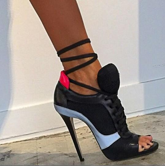 Free Shipping Clearence Patchwork Color Block Open Toe Lace Up Stiletto High Heels Sandals
