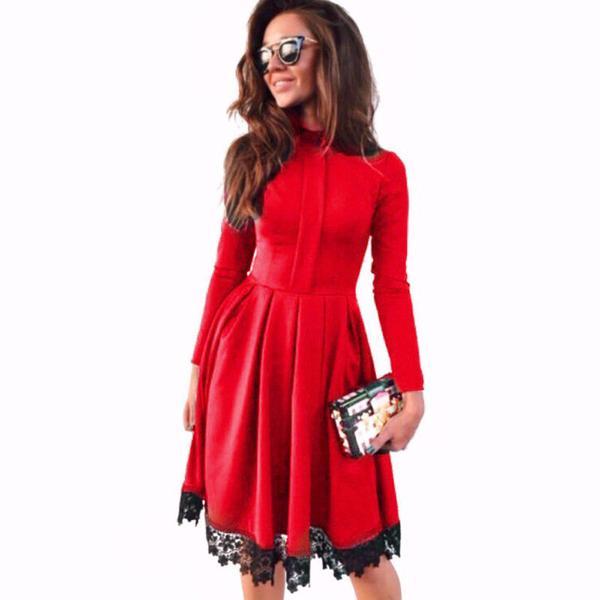 Scoop Long Sleeves Lace Patchwork Flared Pleated Knee-length Dress