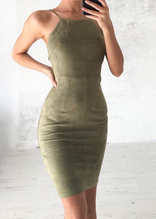 Bear Shoulder Spaghetti Strap Lace Up Back Short Bodycon Dress