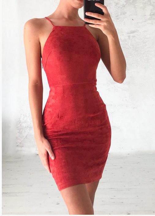 Bear Shoulder Spaghetti Strap Lace Up Back Short Bodycon Dress
