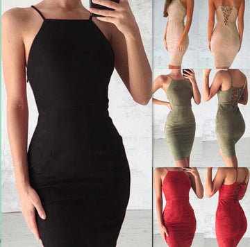 Bear Shoulder Spaghetti Strap Lace Up Back Short Bodycon Dress
