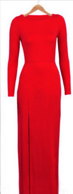 Pure Color Slim Slit O-neck Long Sleeve Long Dress