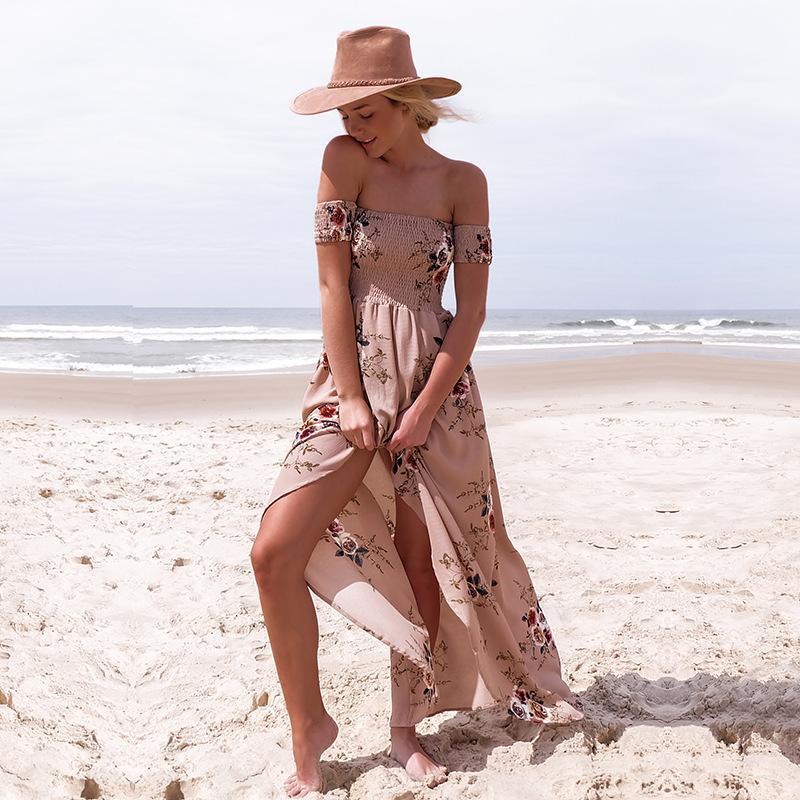 Off Shoulder Short Sleeves Low High Split Flower Print Long Beach Dress