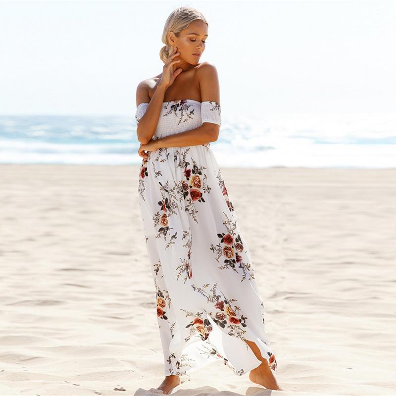 Off Shoulder Short Sleeves Low High Split Flower Print Long Beach Dress