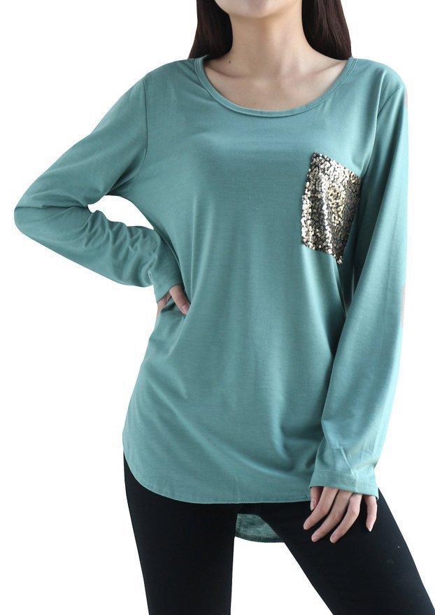 Scoop Sequins Pocket Long Sleeves Long Blouse