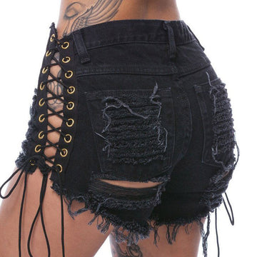 Pure Color Denim Hole Regular Slim Shorts