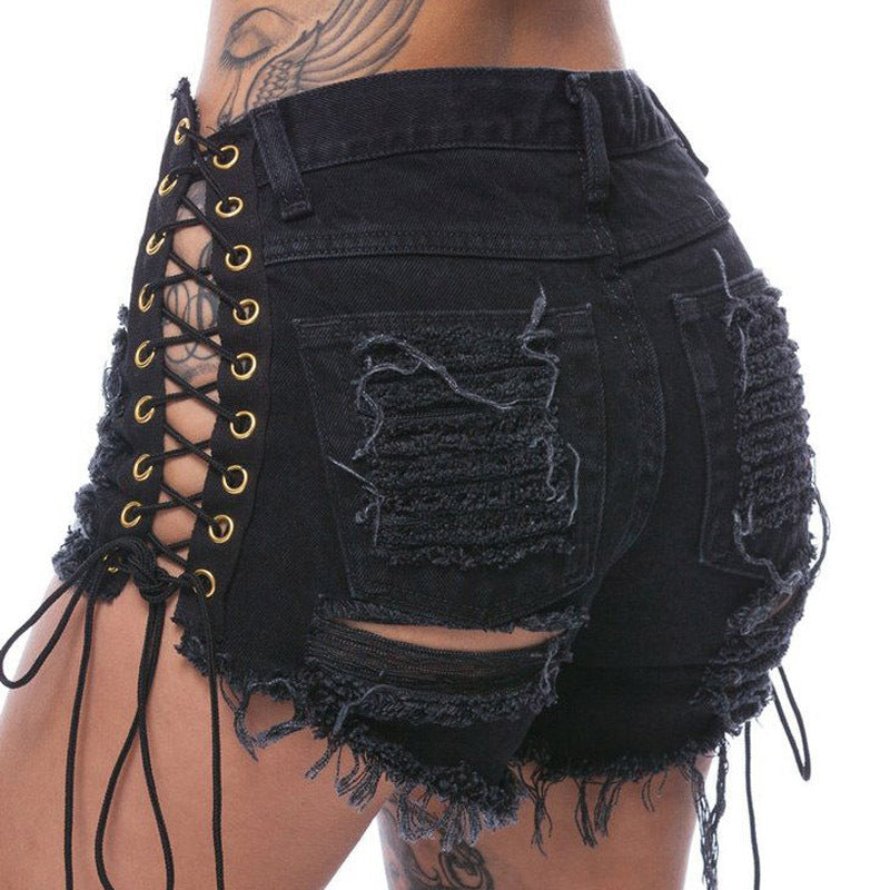 Pure Color Denim Hole Regular Slim Shorts