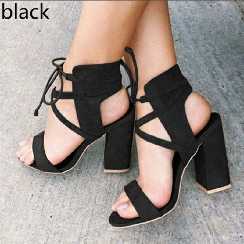 Suede Cross Strap Chunky Heel Sandals