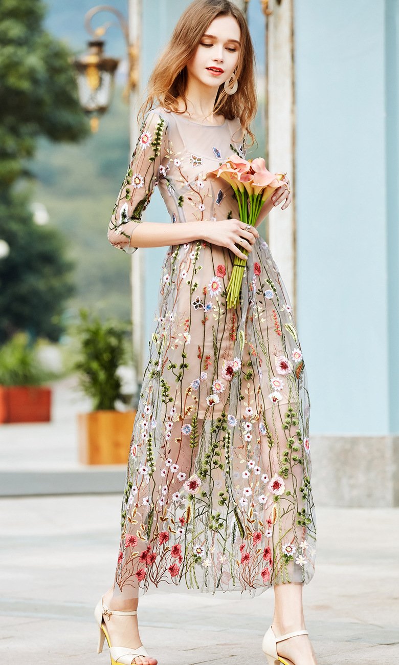 RETRO CHINESE STYLE EMBROIDERED  MESH DRESS HOLIDAY BEACH DRESS