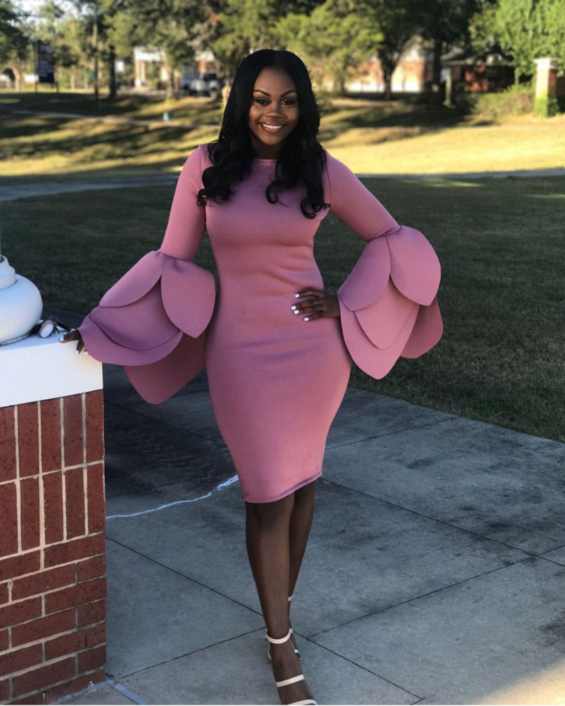 Pure Color Long Trumpet Sleeves Scoop Knee-length Dress